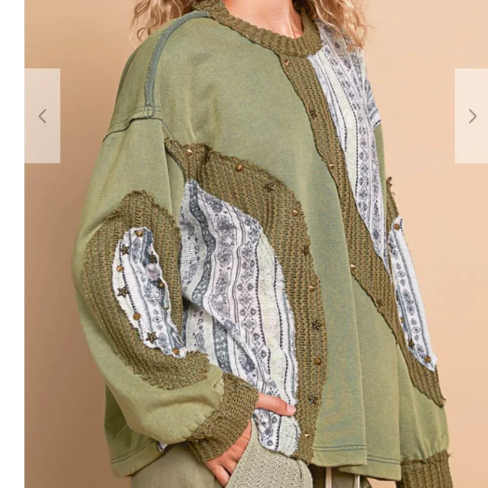 156. Long Sleeve Regular fit top in french terry with knit patch stud point - Picture 3 of 5